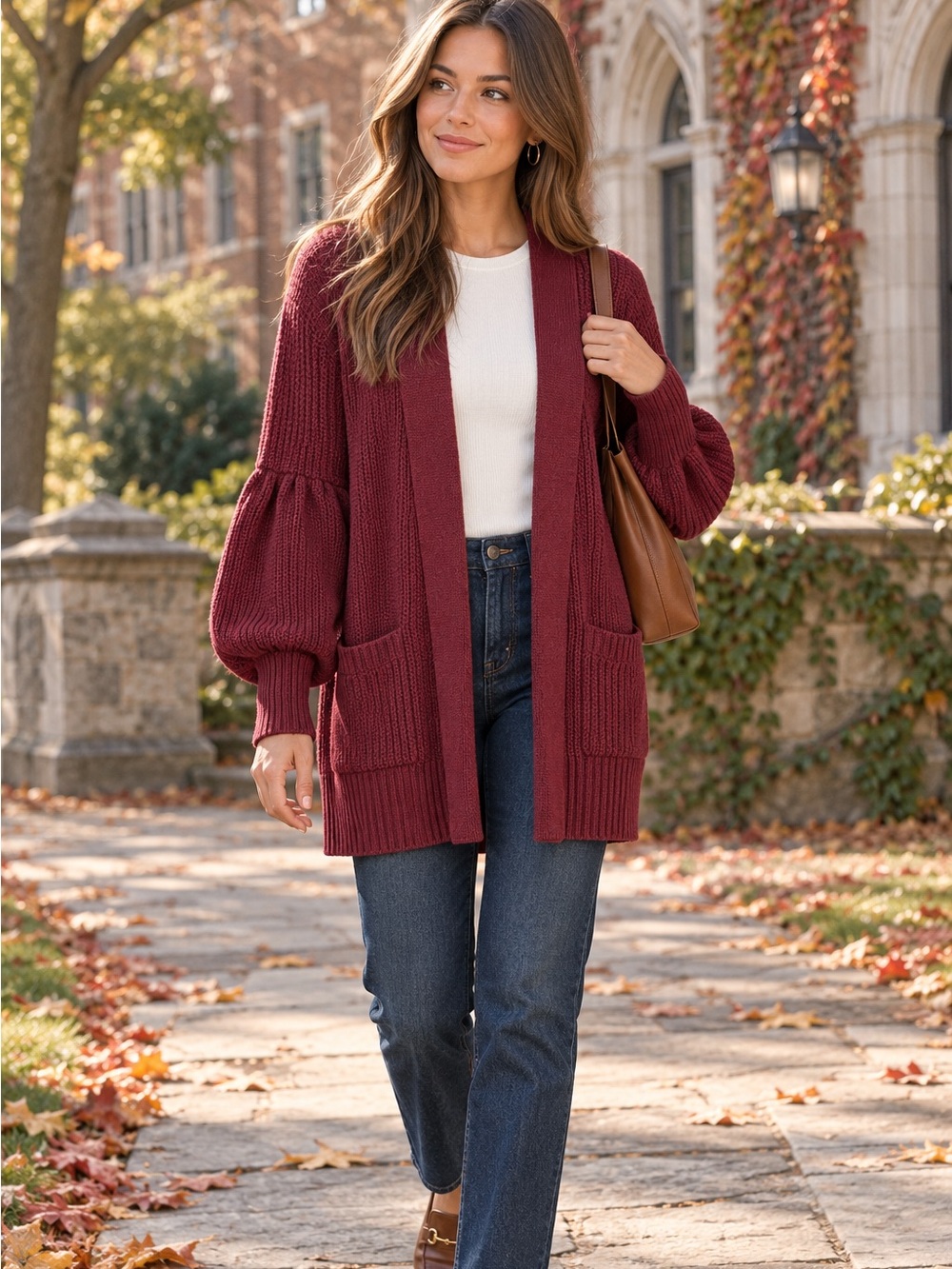 KNITTED & KNOTTED Boho Cranberry Ribbed Open Cardigan, S